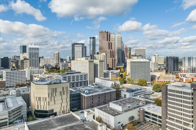 An aerial shot of the skyline in Atlanta, Georgia.