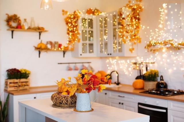 Photo of an apartment kitchen with fall apartment decor.