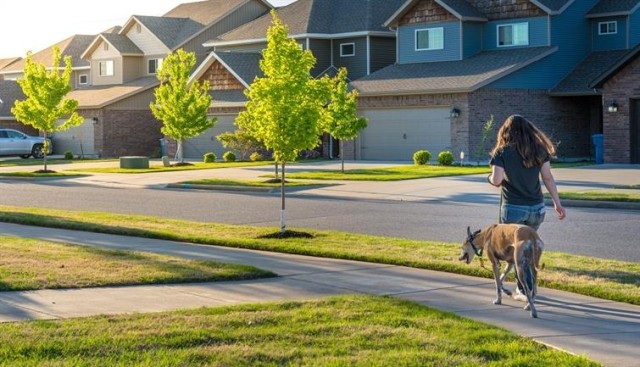 Woman walks her dog on the sidewalk of a street lined with houses.