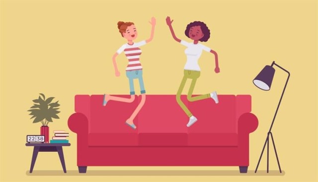 two animated women dancing on the couch