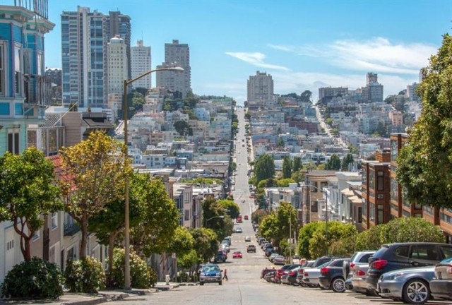 Hilly, tree-lined street in San Francisco