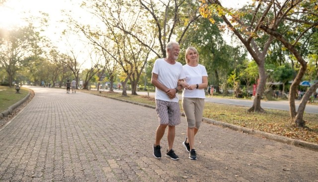 A senior couple walking in the park.