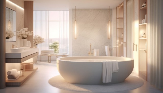 A soaker tub sits in the middle of a spa bathroom. 