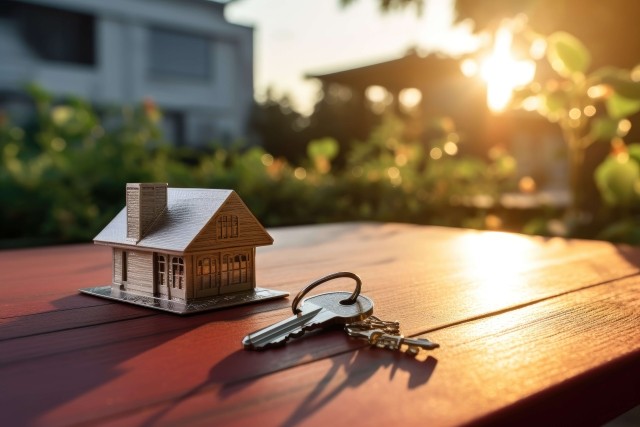 A photo of a tiny model house and a set of keys on a picnic table