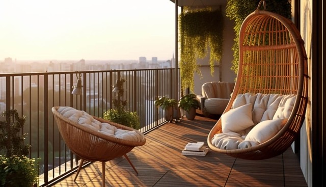 Chairs and plants on a balcony overlooking the city.
