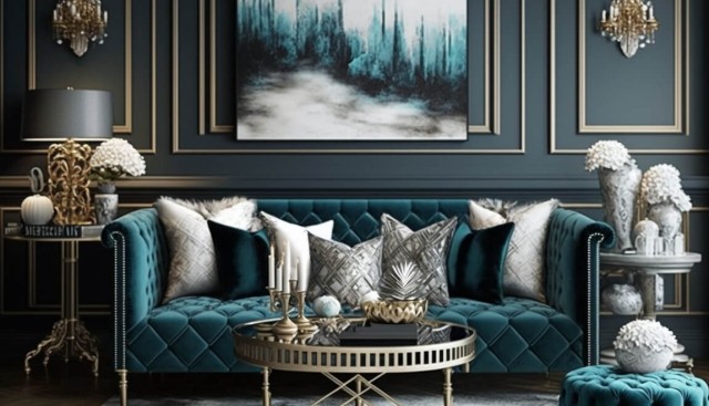 A teal couch with silver pillows