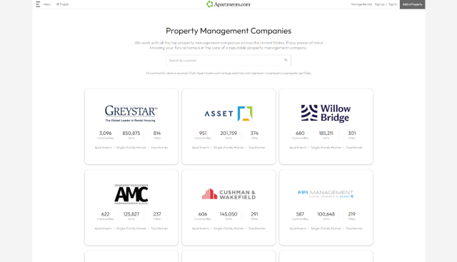 An image of the Property Management Companies Directory on Apartments.com. 