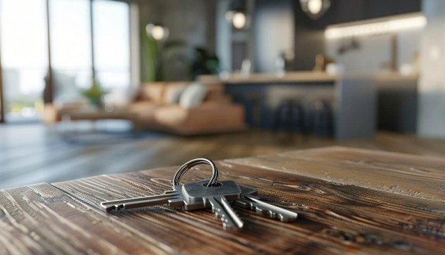 A set of keys sitting on a table inside an apartment.