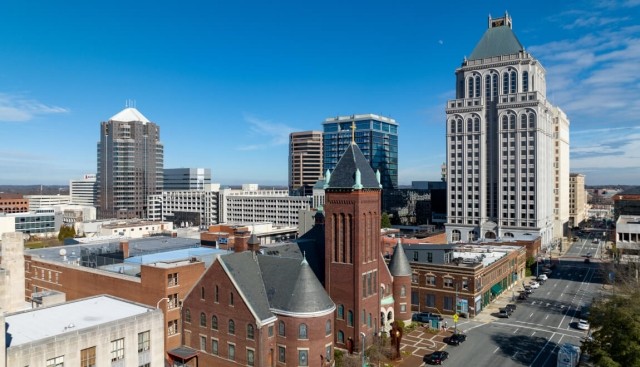 A view of Downtown Greensboro, North Carolina, features both modern and historic architecture.