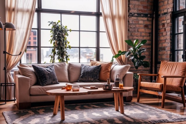 Sheer curtains hang in a high-rise apartment with exposed brick.