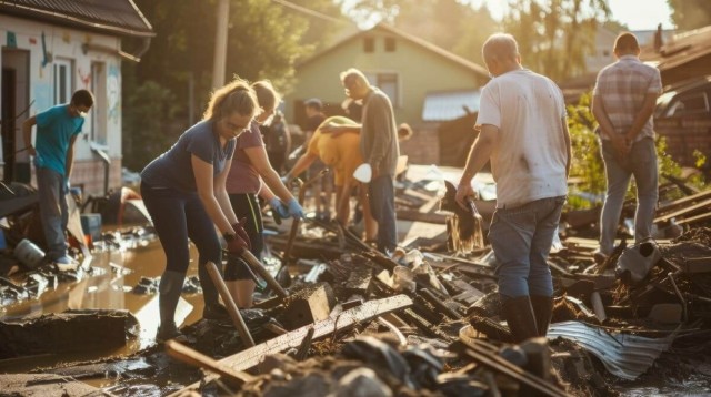 A group of renters cleaning up wreckage after a natural disaster