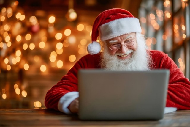 Santa Claus sits at a table and looks at rental listings on his laptop.