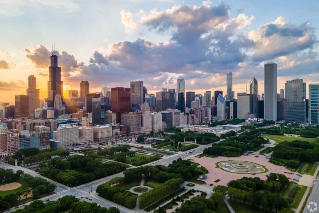 Overhead view of Grant Park in Chicago, IL.