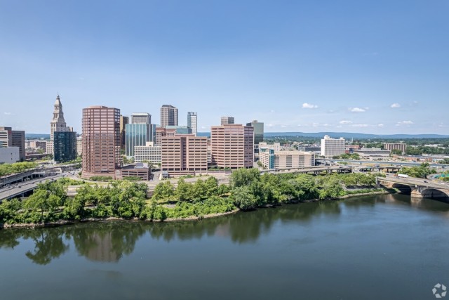 Skyscrapers in Downtown Hartford sit along the Connecticut River.