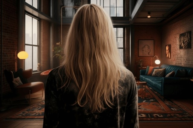 Taylor Swift stands in her NYC apartment.