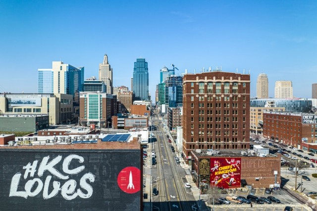 A view of the Downtown Kansas City skyline shows the Power & Light District in the foreground.