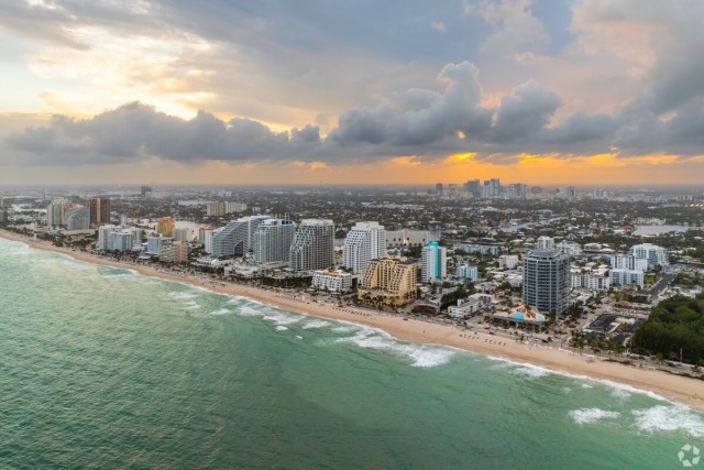An aerial view of Central Beach at sunset.
