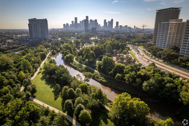 A view of the Houston skyline from Buffalo Bayou Park.