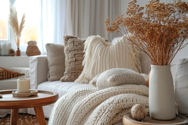 Apartment living room decorated for fall