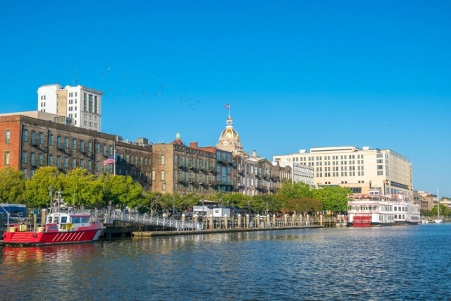 Downtown Savannah along the riverbank on a sunny day