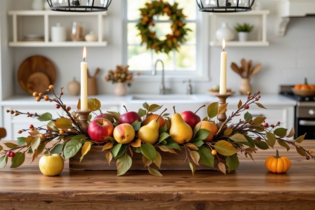Holiday centerpiece sits in kitchen.