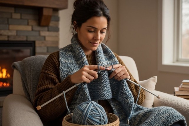Woman knits a scarf on her couch.