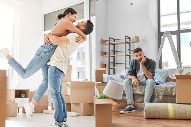 A man picking a woman up in their new apartment next to a man who sits dejectedly as he moves apartments.
