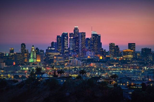 The skyline of Downtown Los Angeles during the sunset.