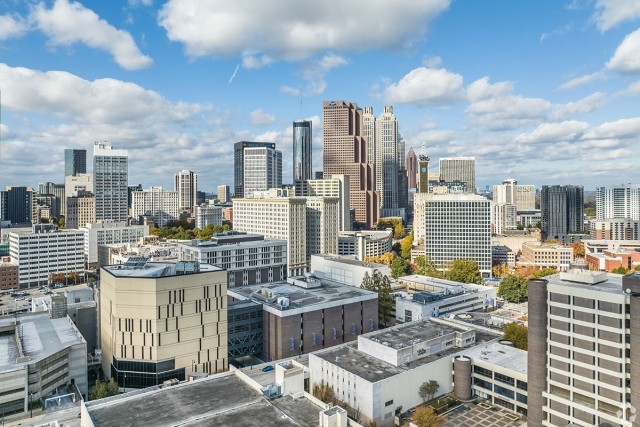 An aerial shot of the skyline in Atlanta, Georgia.