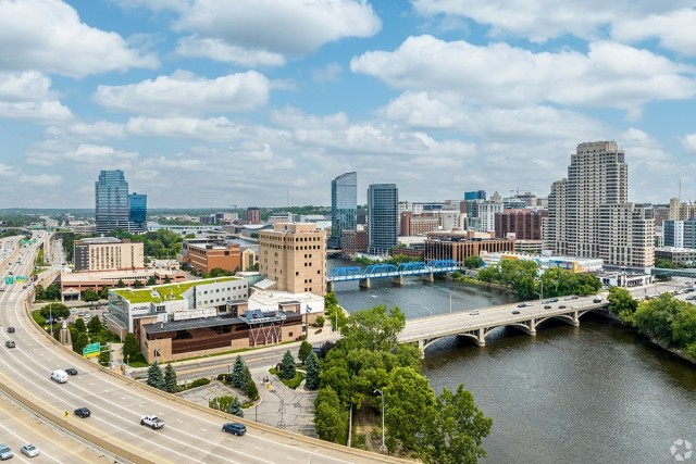 Grand Rapids sits along its namesake river with high-rises lining the banks.
