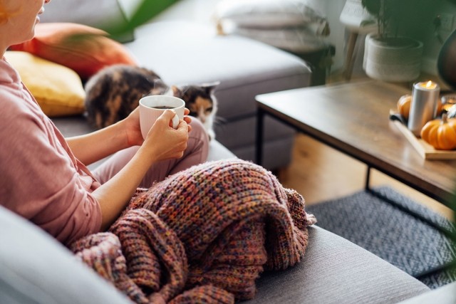 A photo of a renter sitting with her cat with fall decor on her couch.