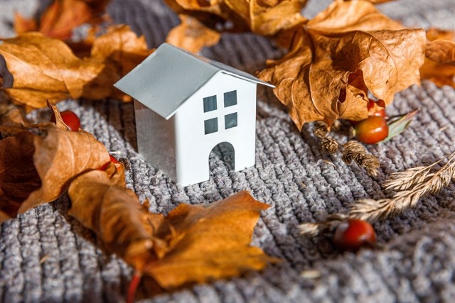 Toy house surrounded by fall foliage.